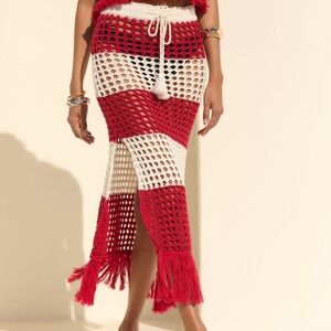 Red and White Crochet Maxi Skirt farm rio